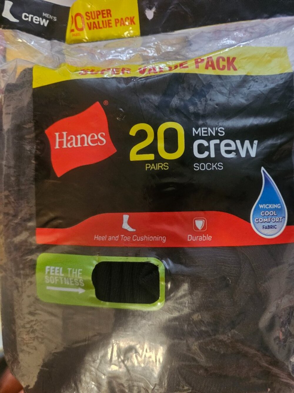 Hanes Super Value Pack 20 Pair Crew Socks Black Wicking Comfort Size 6-12
